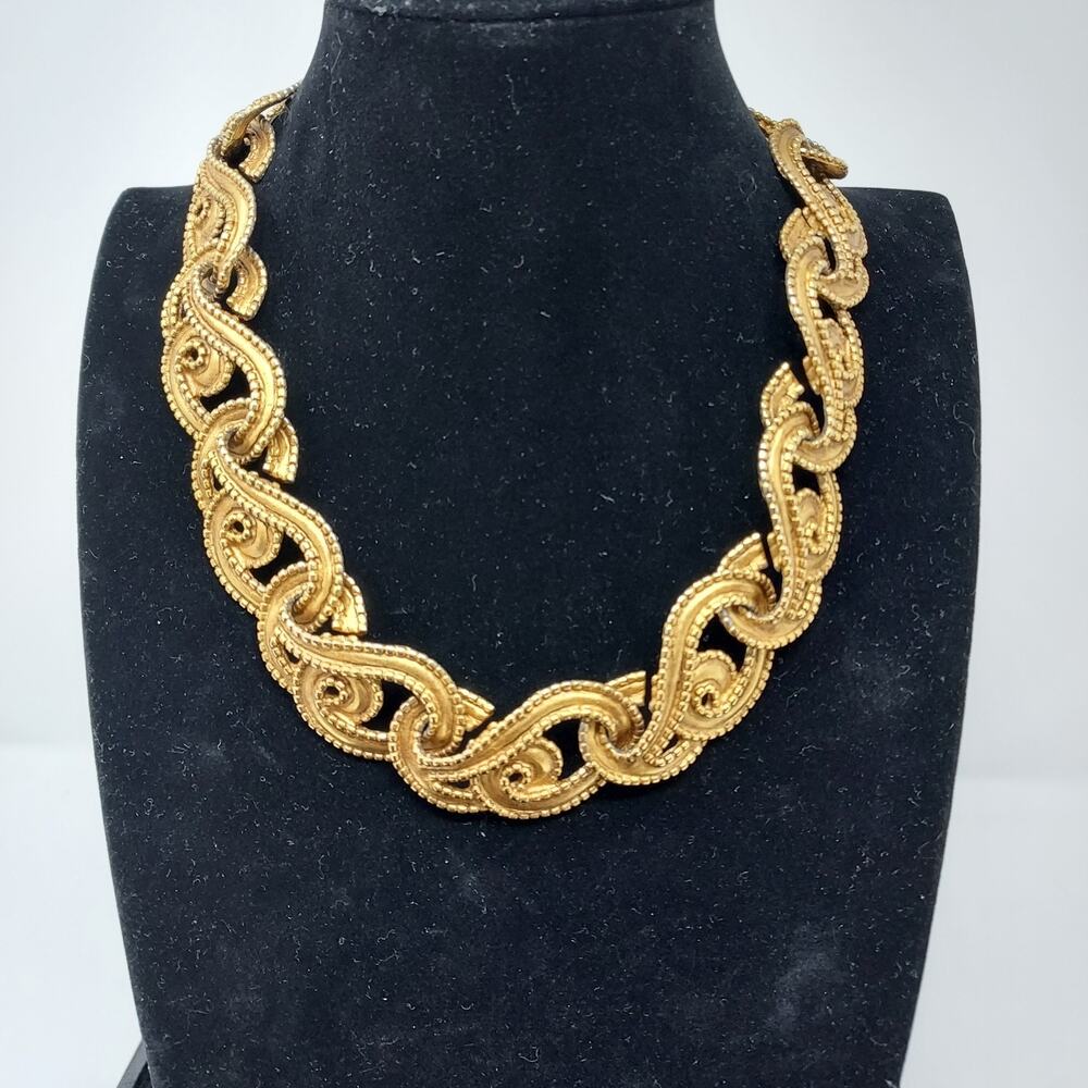 Florentine Links Statement Necklace Textured Gold Tone Ornate 18.5" Y2K Vintage
